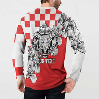 Red back button sweatshirt with leopard heads and check pattern, YOUR TEXT