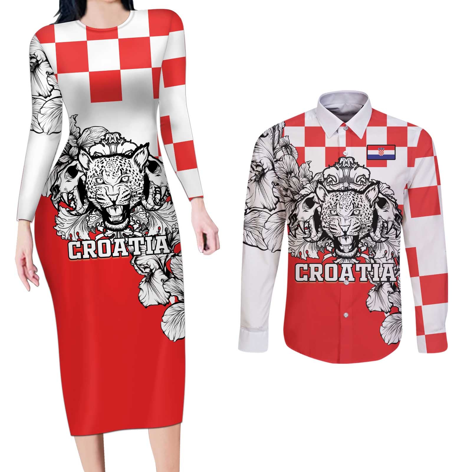 Personalized Croatia Leopard Heads Couples Matching Long Sleeve Bodycon Dress and Long Sleeve Button Shirt With Iris