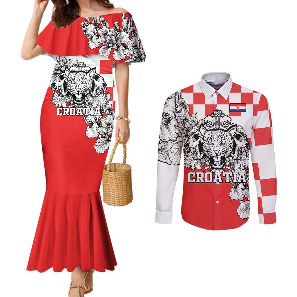 Personalized Croatia Leopard Heads Couples Matching Mermaid Dress and Long Sleeve Button Shirt With Iris