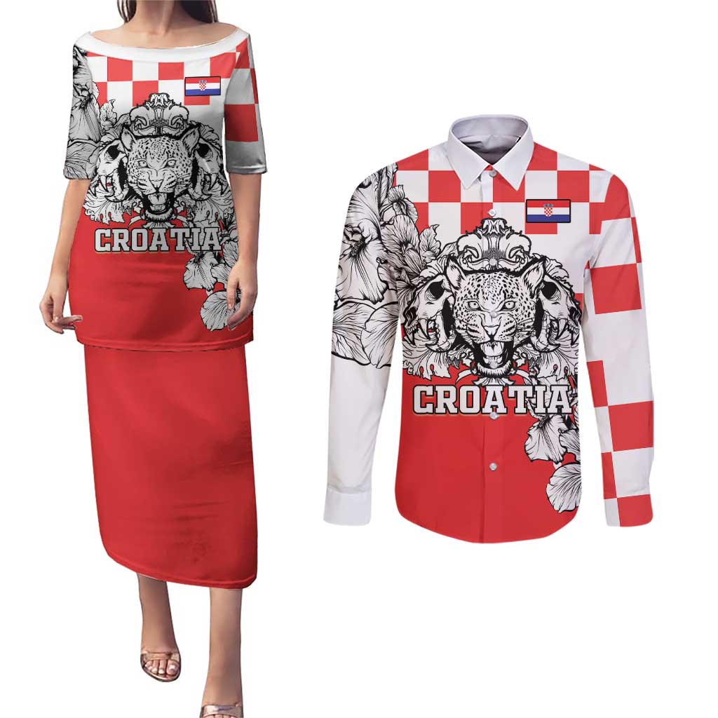 Personalized Croatia Leopard Heads Couples Matching Puletasi and Long Sleeve Button Shirt With Iris