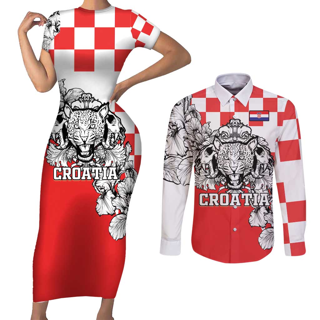 Personalized Croatia Leopard Heads Couples Matching Short Sleeve Bodycon Dress and Long Sleeve Button Shirt With Iris