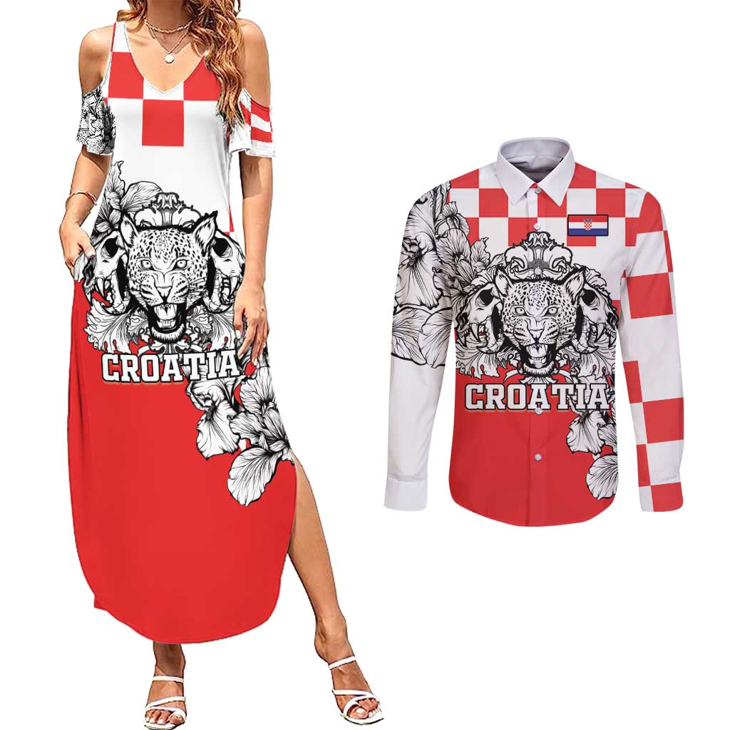 Personalized Croatia Leopard Heads Couples Matching Summer Maxi Dress and Long Sleeve Button Shirt With Iris