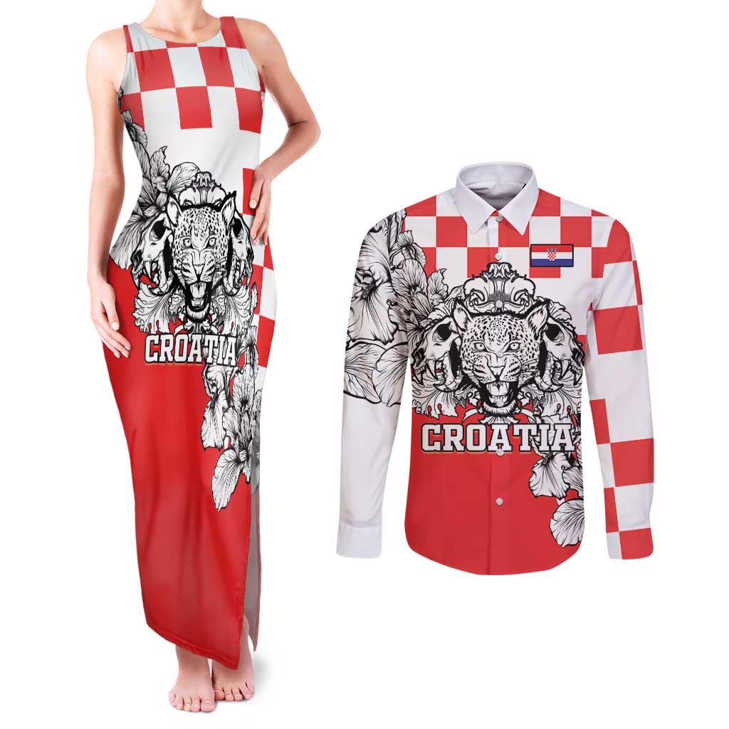 Personalized Croatia Leopard Heads Couples Matching Tank Maxi Dress and Long Sleeve Button Shirt With Iris