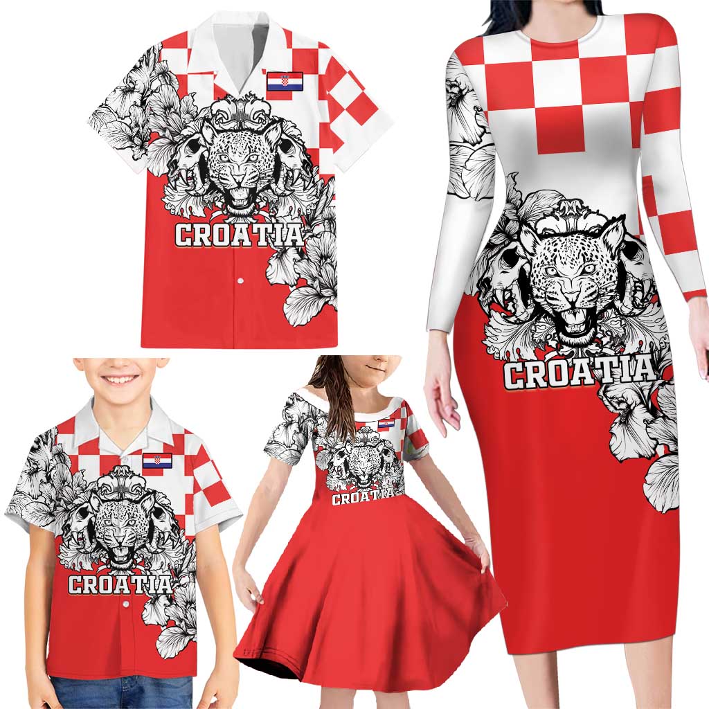 Personalized Croatia Leopard Heads Family Matching Long Sleeve Bodycon Dress and Hawaiian Shirt With Iris