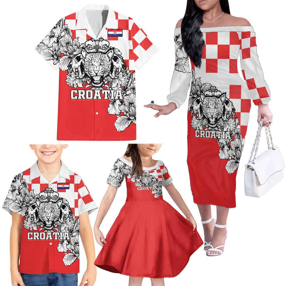 Personalized Croatia Leopard Heads Family Matching Off The Shoulder Long Sleeve Dress and Hawaiian Shirt With Iris