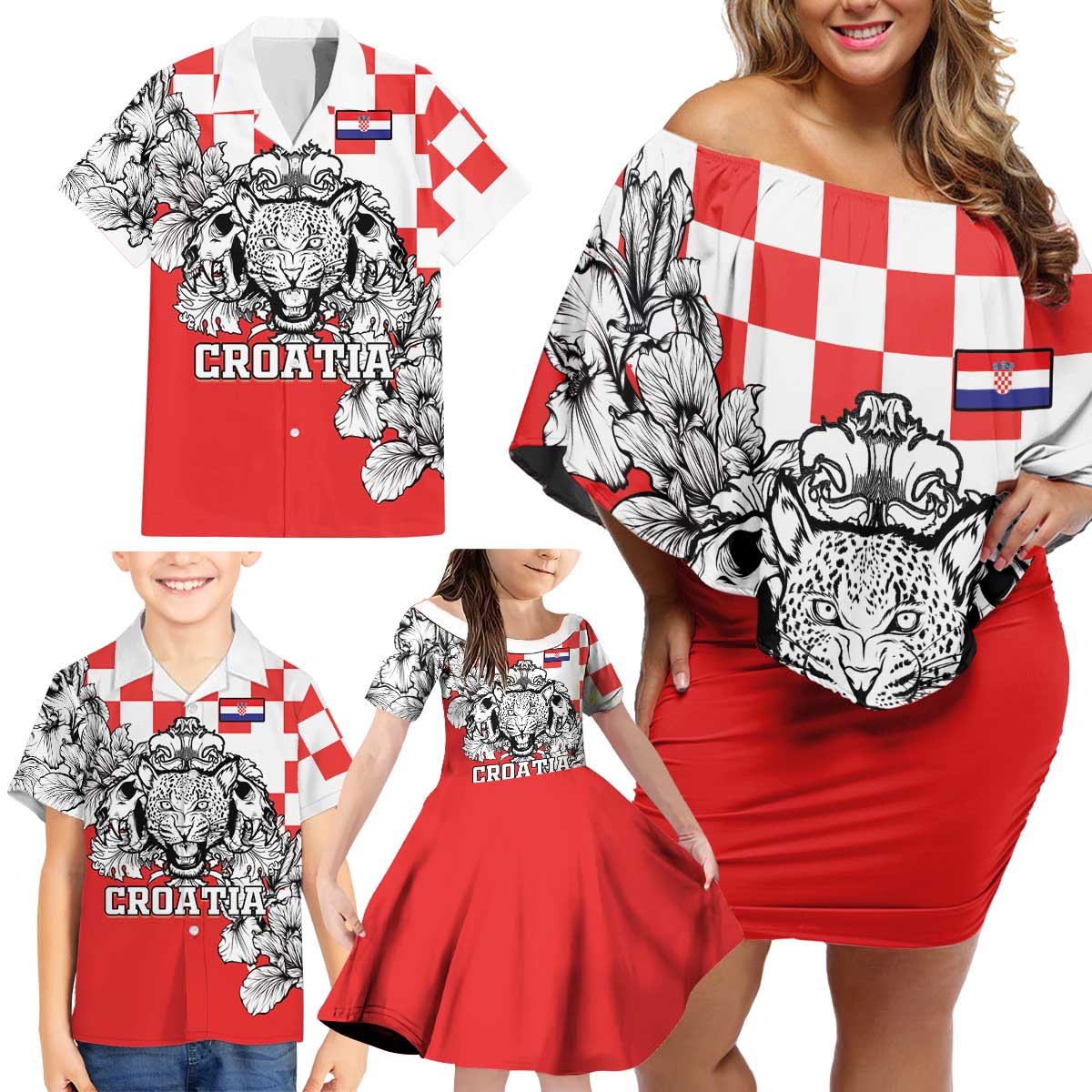 Personalized Croatia Leopard Heads Family Matching Off Shoulder Short Dress and Hawaiian Shirt With Iris