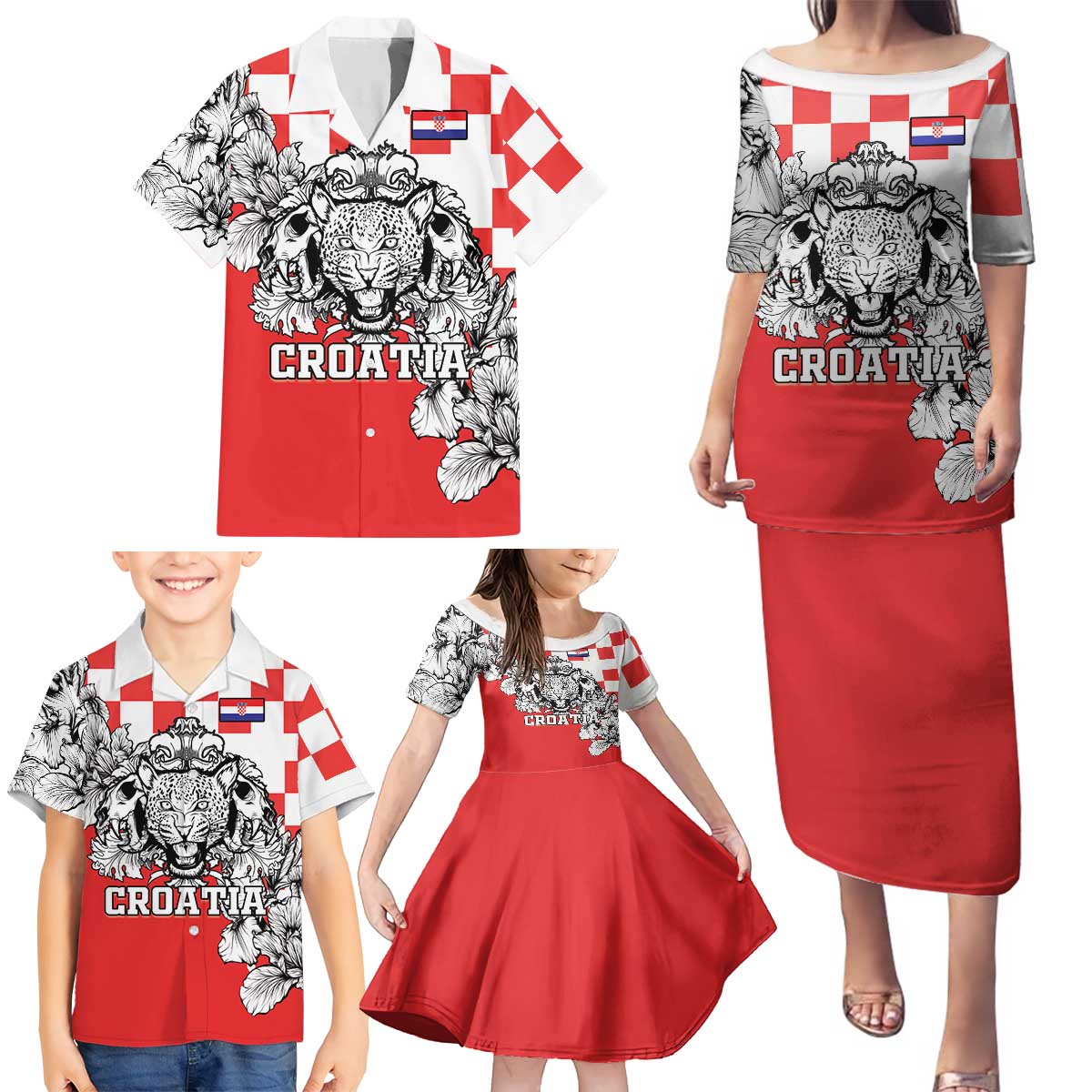 Personalized Croatia Leopard Heads Family Matching Puletasi and Hawaiian Shirt With Iris