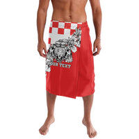 Red wrap skirt with checkerboard stripe and bold leopard-head graphic