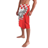 Red knee-length wrap skirt with checkered band and large leopard-head artwork
