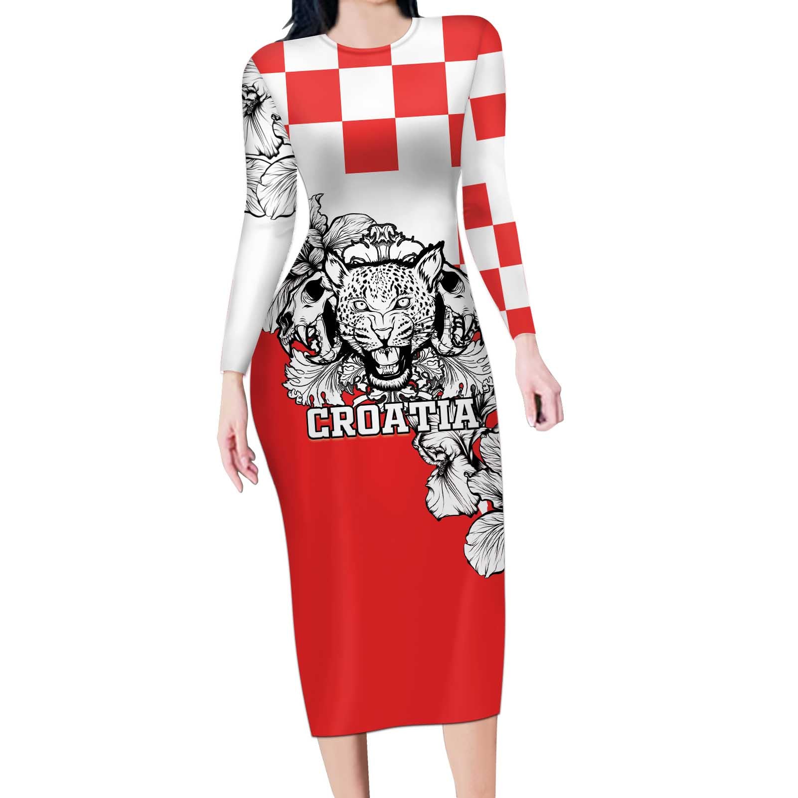 Personalized Croatia Leopard Heads Long Sleeve Bodycon Dress With Iris - Wonder Print Shop