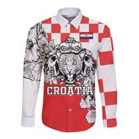 Red and white long-sleeve button shirt with leopard heads graphic and CROATIA text