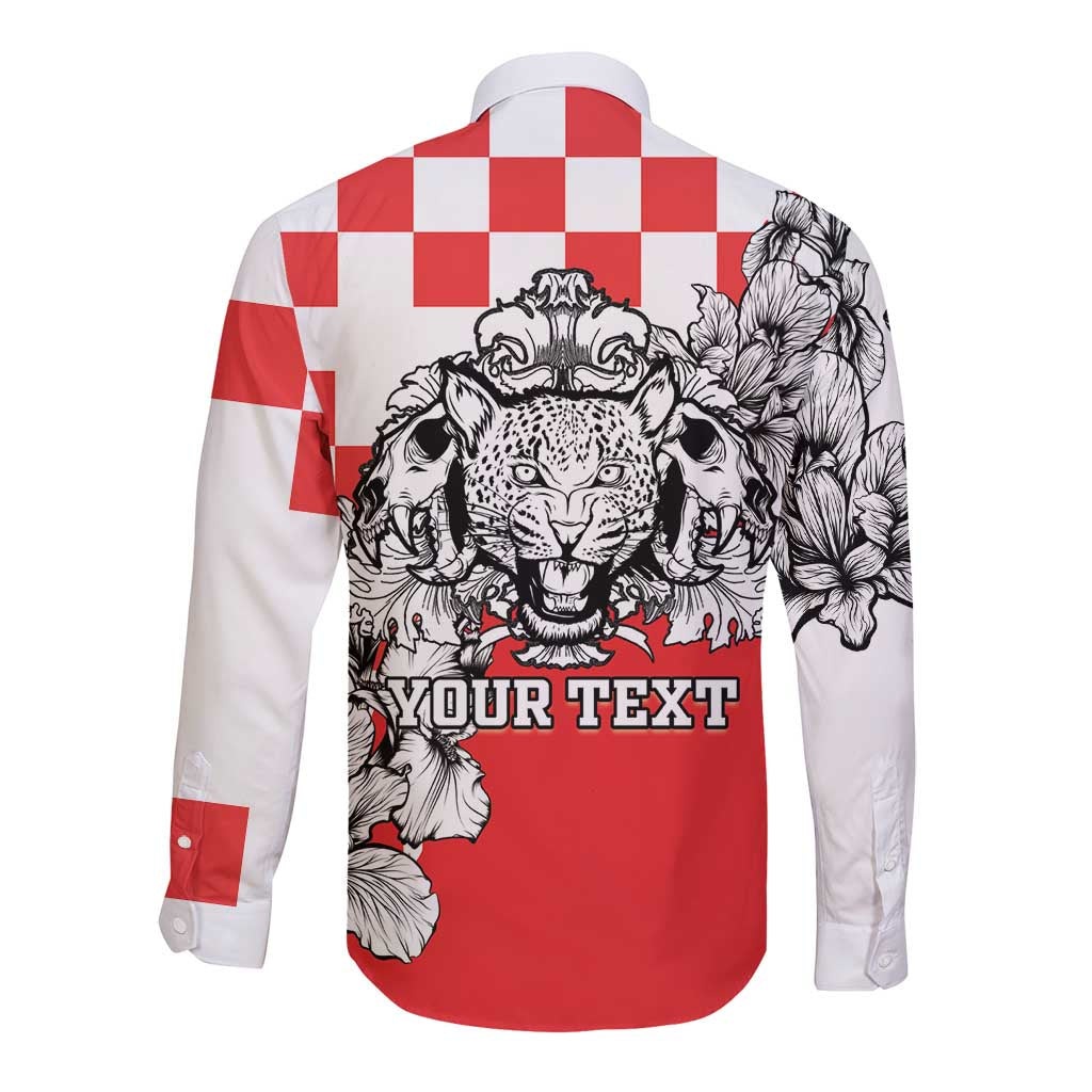Red and white long-sleeve button shirt with leopard heads graphic and YOUR TEXT