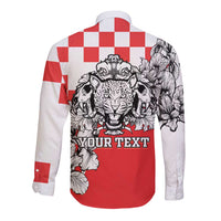 Red and white long-sleeve button shirt with leopard heads graphic and YOUR TEXT