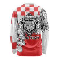 Red long-sleeve T-shirt with checker pattern, leopard head art, and 'YOUR TEXT' front