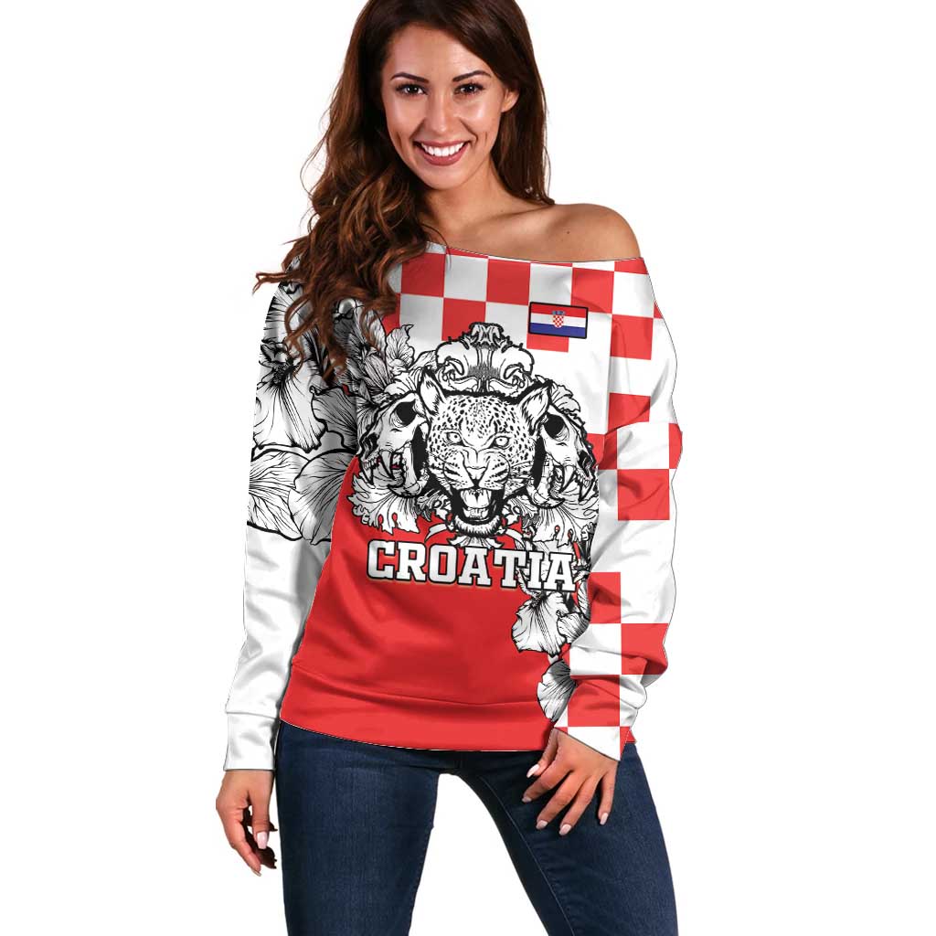 Personalized Croatia Leopard Heads Off Shoulder Sweater With Iris