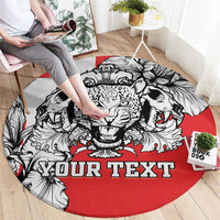 Personalized round rug featuring leopard and tiger heads, red background, large 'YOUR TEXT'