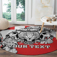 Personalized round rug with central snarling animal face, red base, black 'YOUR TEXT' banner