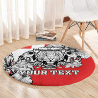 Personalized round rug with black-and-white animal heads on red circle and 'YOUR TEXT' text