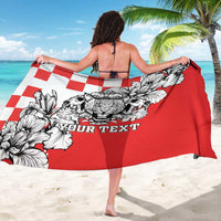 Red leopard-head sarong with checkered border and 'YOUR TEXT' graphic