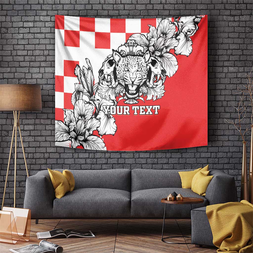 Red and white wall tapestry with checkered pattern, leopard face, and floral outlines