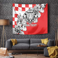 Red and white wall tapestry with checkered pattern, leopard face, and floral outlines