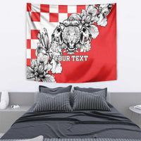 Red and white tapestry with leopard head, checkered corners, and bold center 'YOUR TEXT'
