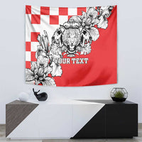 Red and white tapestry featuring leopard head, checkered blocks, and 'YOUR TEXT'
