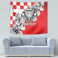 Red and white tapestry with checkered pattern and detailed leopard head with flowers