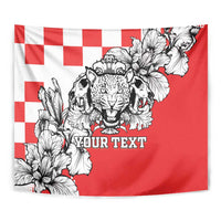 Red and white tapestry close-up with leopard head, floral line art, and 'YOUR TEXT'
