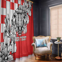 Red and white printed leopard head curtain panels with central text area