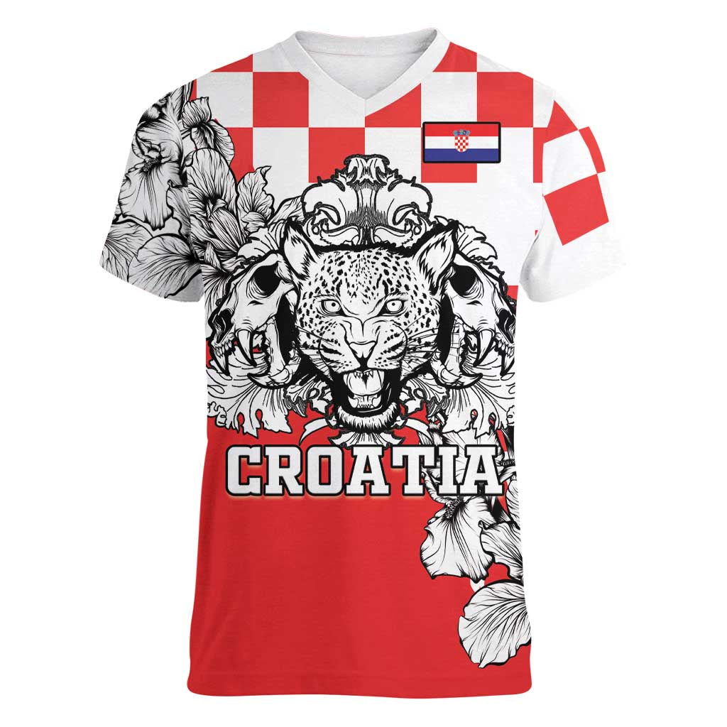 Personalized Croatia Leopard Heads Women V-Neck T-Shirt With Iris