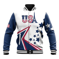 White and navy unisex baseball jacket with zipper, ribbed collar, USA & Eiffel Tower front graphic