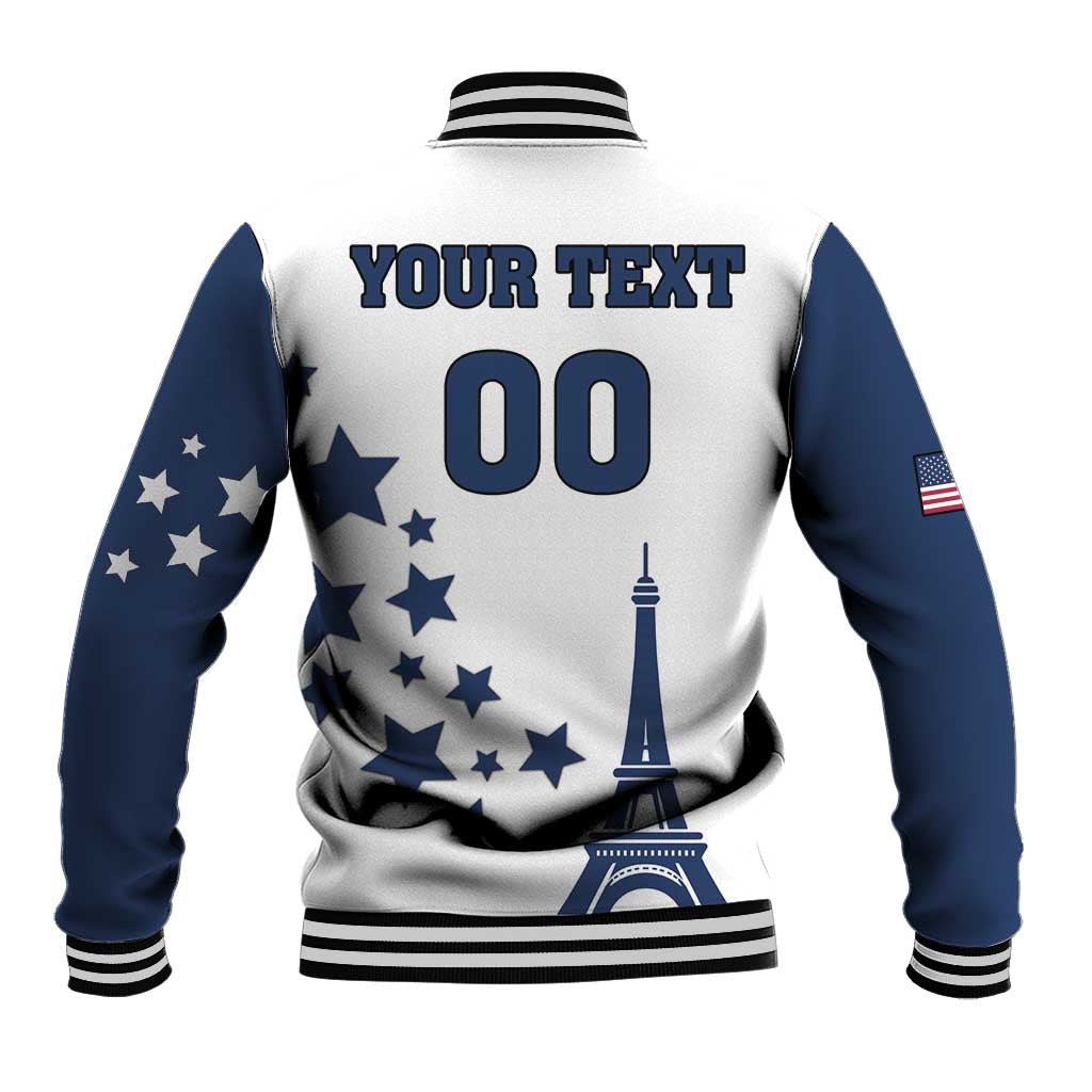 White and navy baseball jacket back with ribbed trim, YOUR TEXT and 00 graphic