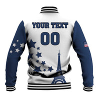 White and navy baseball jacket back with ribbed trim, YOUR TEXT and 00 graphic