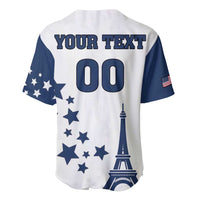 White baseball jersey with navy sleeves, stars, and Eiffel Tower graphic, button front