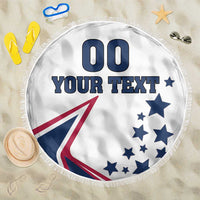 Round white beach blanket with “YOUR TEXT”, big 00, blue stars, and USA emblem; fringed border.