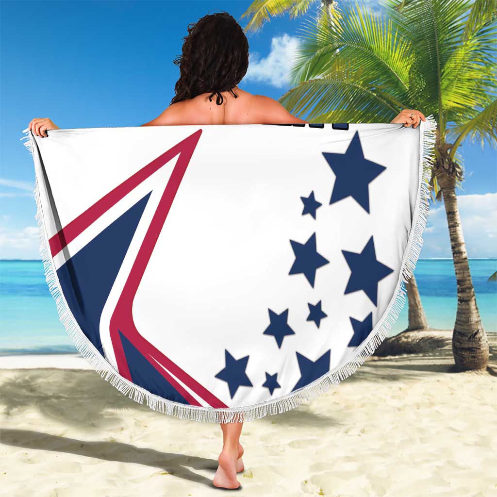 Round white beach blanket with “YOUR TEXT”, large 00, blue star cluster, and USA emblem; fringed.