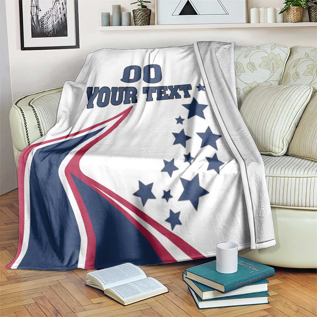 White USA-themed blanket with stars and “YOUR TEXT” plus “00” graphic