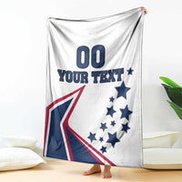 White USA-themed blanket draped with stars and “YOUR TEXT” plus “00” graphic