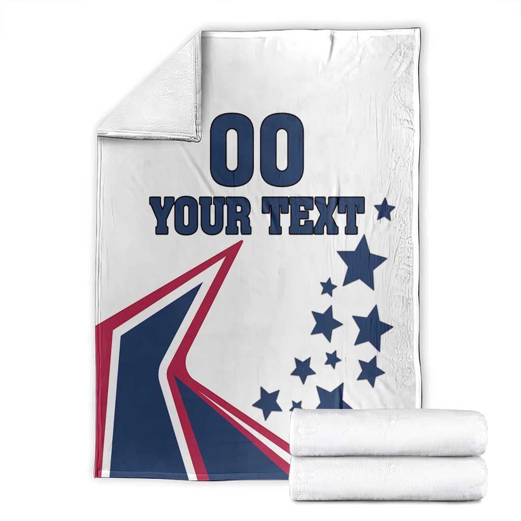 White USA-themed blanket with stars and “YOUR TEXT” plus “00” on front, folded