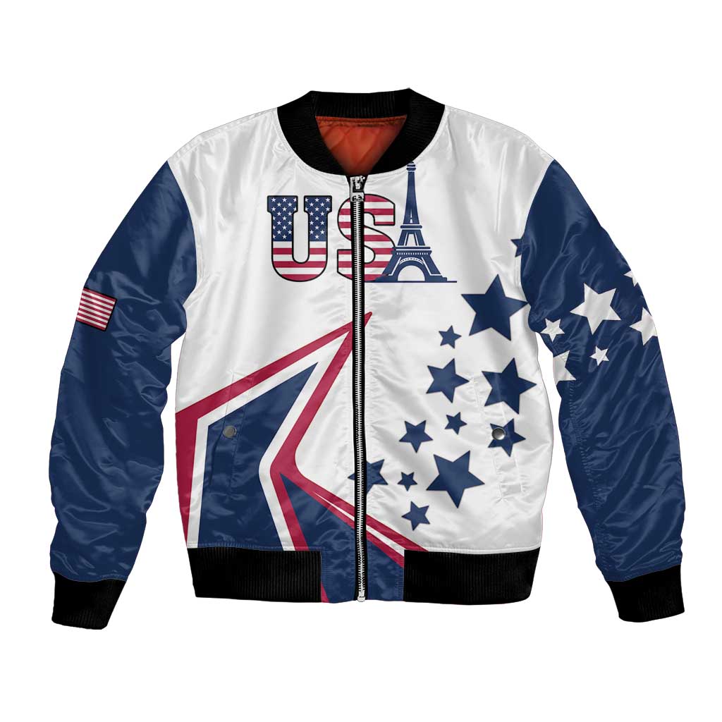White and navy bomber jacket with full-zip front, ribbed hem, USA stars, Eiffel Tower and flag
