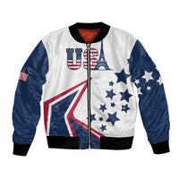 White and navy bomber jacket with full-zip front, ribbed hem, USA stars, Eiffel Tower and flag