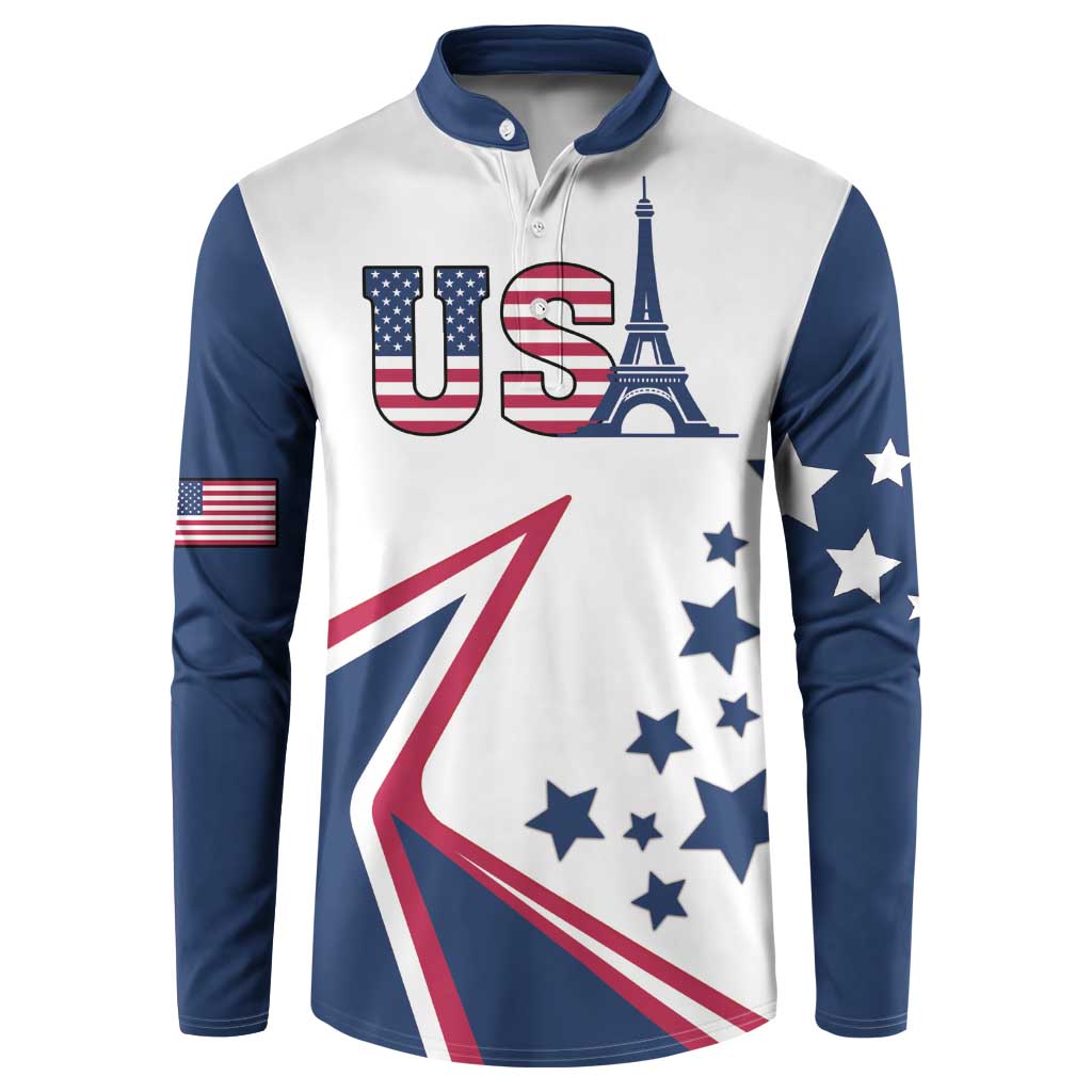 White and navy button henley sweatshirt with USA letters, Eiffel Tower, and star field
