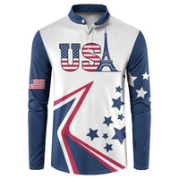 White and navy button henley sweatshirt with USA letters, Eiffel Tower, and star field