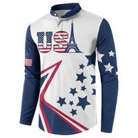 White and navy button henley sweatshirt with USA graphic and Eiffel Tower