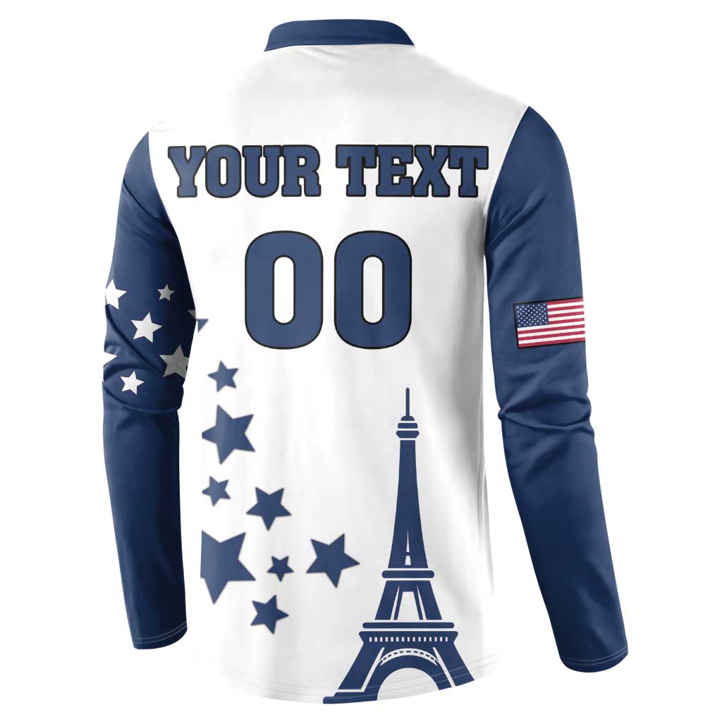 White and navy button henley sweatshirt back with YOUR TEXT and 00, stars and Eiffel