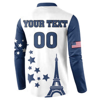 White and navy button henley sweatshirt back with YOUR TEXT and 00, stars and Eiffel