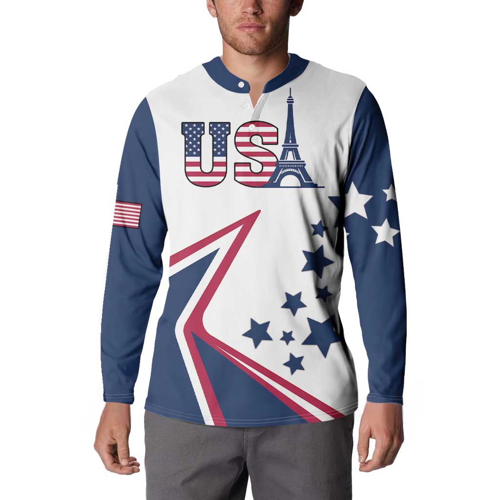 White and navy button henley sweatshirt with USA, Eiffel Tower, stars and ribbon stripes
