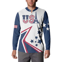 White and navy button henley sweatshirt with USA, Eiffel Tower, stars and ribbon stripes