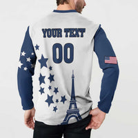 White and navy button henley sweatshirt back with YOUR TEXT 00, stars and Eiffel Tower